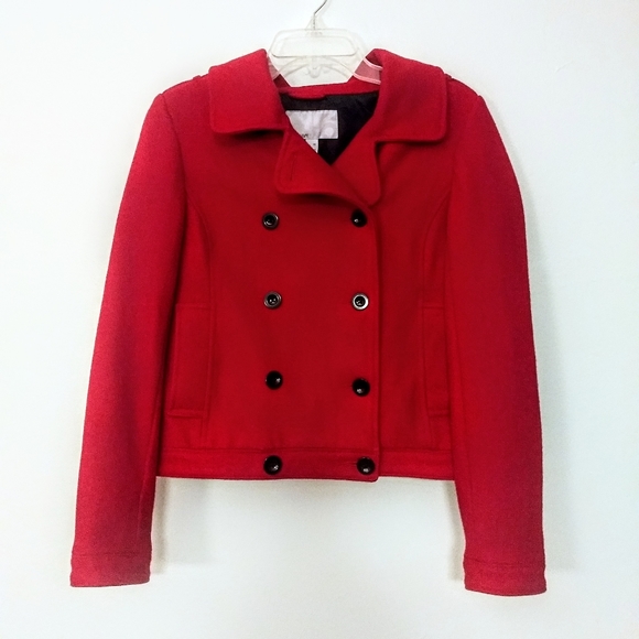 Old Navy Jackets & Blazers - EUC Old Navy Red & Black Classy Double Breasted Cozy Wool Blend Pea Coat Size M